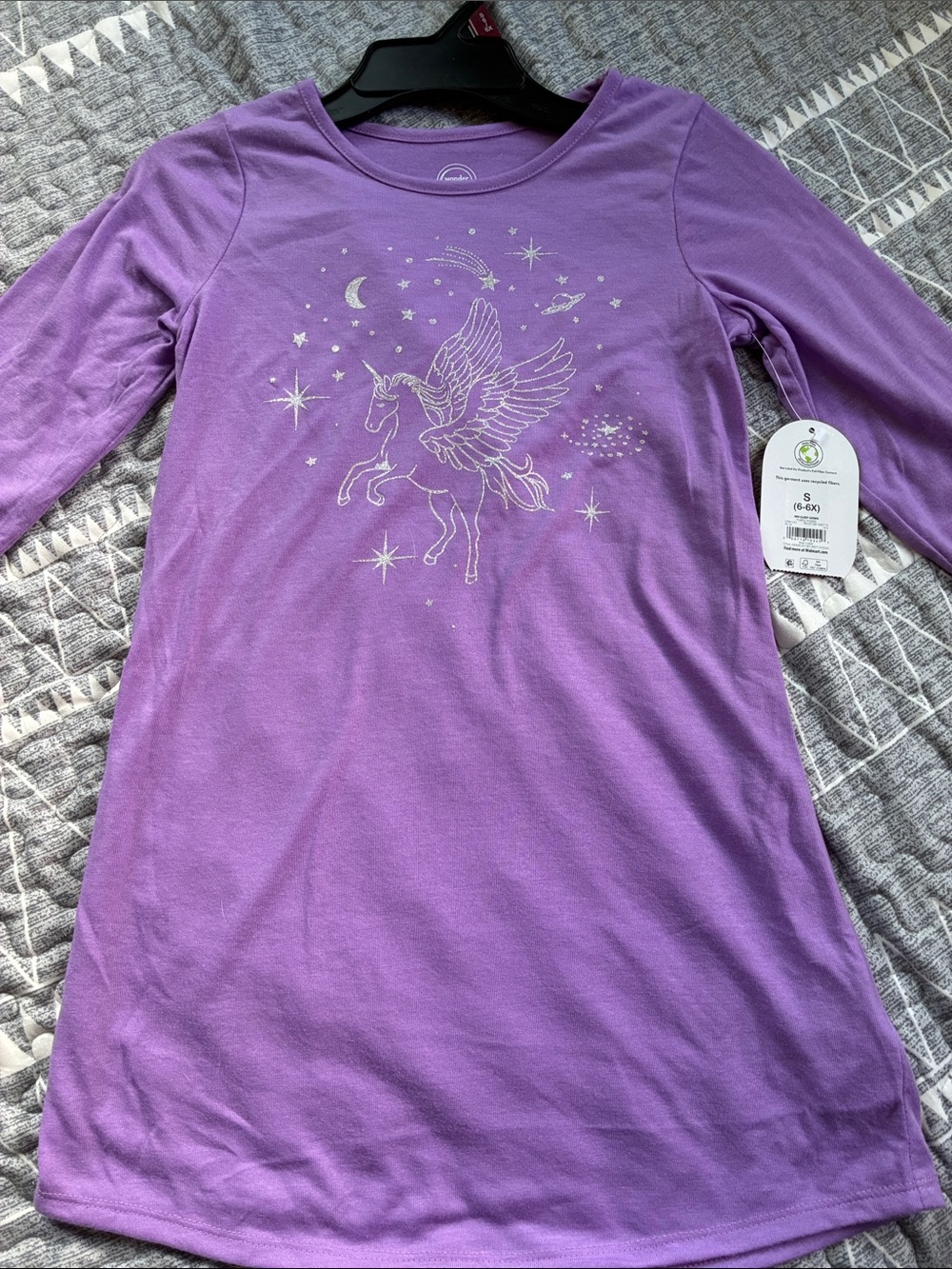 Wonder Nation Purple Power Long-Sleeve Nightgown with Silver Pegasus Graphic NWT